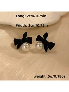 Black bow earrings with artificial pearls, elegant alloy jewelry, everyday accessory, stylish gift for women