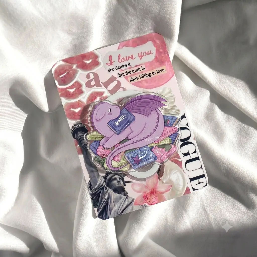 Cute Purple Dragon Reading Book Phone Grip, Kawaii Bookworm Acrylic Phone Holder, Pastel Fantasy BookTok Griptok, Coquette Aesthetic Cellphone Stand for Reader Gift
