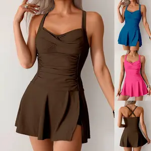 Women's Hot Pink Ruched Swimdress - Crisscross Back One Piece Swimsuit for Summer Beach & Vacation (Multiple Colors)