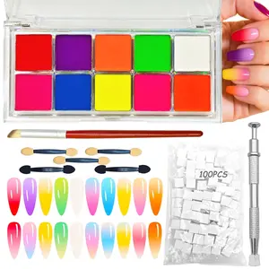 Nail Pigment Powder Set - 10 Colors Nail Ombre Powder for Nail Art, with 100pcs Nail Sponges Grabbing Pen, Ombre Nail Brush, 5 Sponge Sticks, DIY Manicure Tools