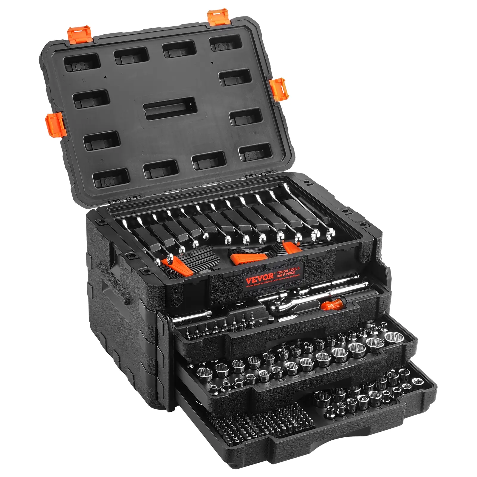 VEVOR Mechanics Tool Set and Socket Set, 1/4" 3/8" 1/2" Drive Deep and Standard Sockets, 450 Pcs SAE and Metric Mechanic Tool Kit with Bits, Hex Wrenc