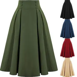 Women Vintage Skirt High Waist Pleated Skirt Midi A-Line Skirt with Pockets