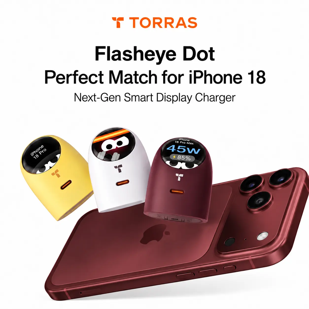 TORRAS Flasheye Dot Smart Display Charger 45W USB-C PD Fast Charger with Interactive Screen, Device Recognition, Battery Status Display, for iPhone DUO/ 18 17 16 15 14 Pro Max, iPad, MacBook, Compact Desk Charger with Foldable Plug, BackToSchool