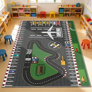 Modern Cartoon Racing Track Rug, Large Living Room Bedroom Carpet, Foldable Anti-Slip Plush Mat, Easy Clean Home Decor