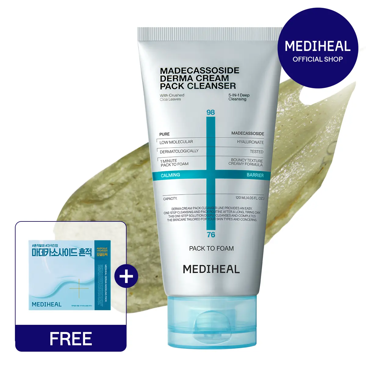 [MEDIHEAL] Derma Cream Pack Cleanser | Madecassoside Calming Barrier | 5-in-1 Deep Pore Cleansing | Real Centella Leaves | Vegan & Sensitive Skin Safe | 120ml