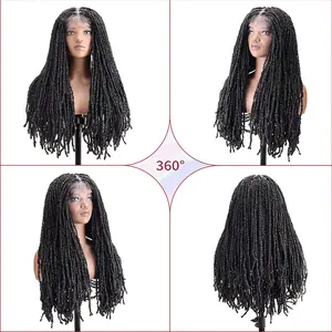 ZIHAN Women's 24-Inch Full Lace Front Pre-Braided Synthetic Wig, Pre-Plucked Heat-Resistant Long Spring Twist Curly Natural Black Afro, Protective Braid for Daily Wear