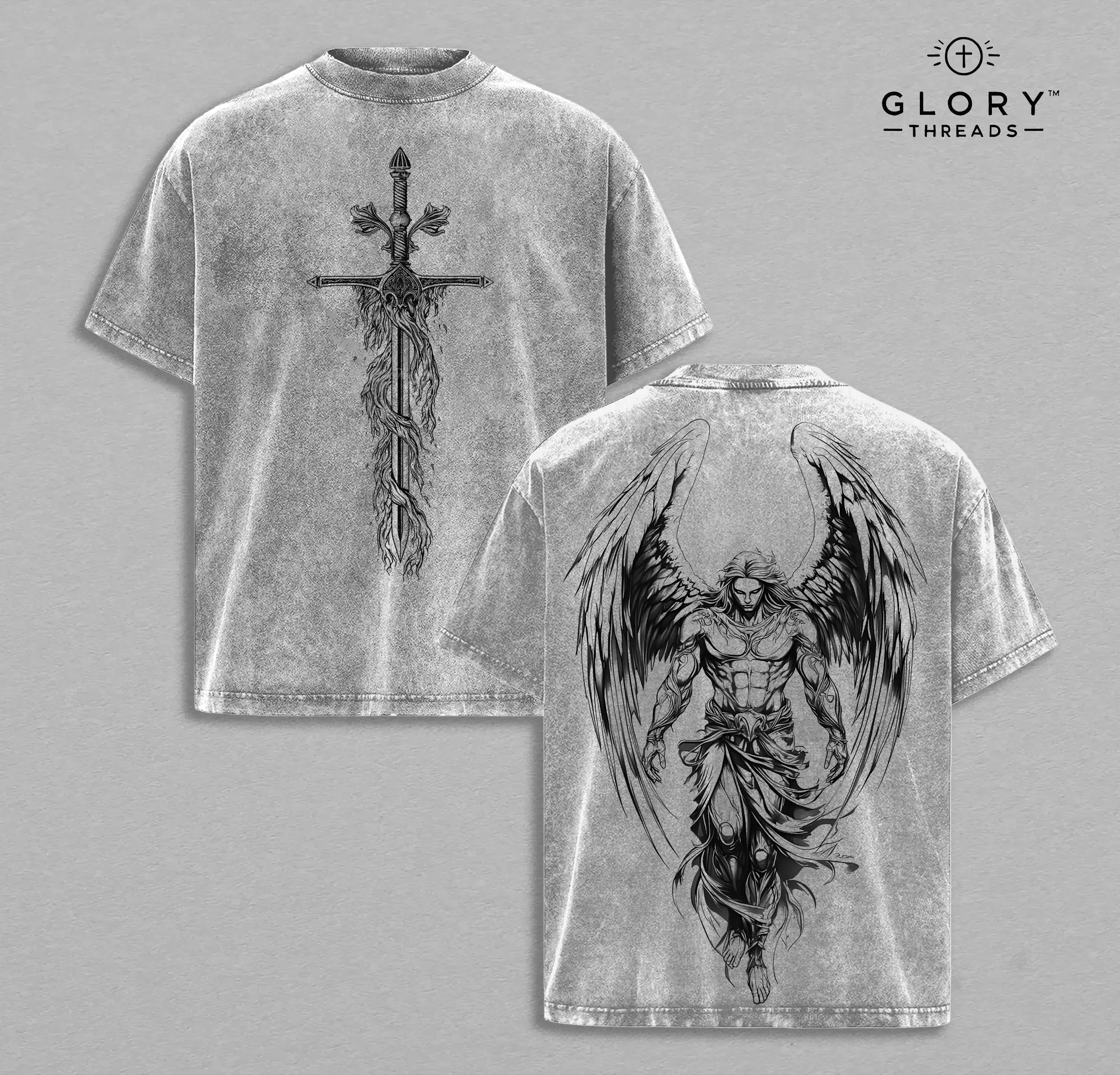 Men's Washed Saint Michael The Archangel Camo Ribbed T-Shirt - Flaming Sword, Scales of Justice, Jesus Christian Apparel Top for Church Outfits, Shortsleeve, Seamless, Stylish, Oversized, Classic