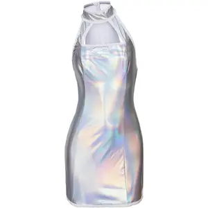 Vanessa Kensington Costume Sexy Silver Metallic Dress Strappy Halter Mini Dress Club Party Dress for Women