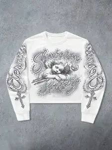 Spring & Fall New Angel Child Graphic Print Short Sweatshirt, Fitted Street Style, Moderate Fabric Thickness, Kint Fabric, Women's Casual Wear