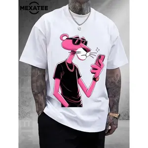 Local warehouse, men's t-shirts, men's shirts, men's clothing, men's cotton t-shirts, men, Pink Panther Graffiti 180g black and white cotton, fun printed pattern, cotton print