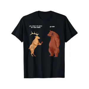Fashion Graphic Funny Animal Pun T-Shirt, Bear Paw & Deer Pun Print Tee, Soft Short Sleeve Casual Outfit, Retro Style Top For Fitness Outdoor Daily Wear, Machine Washable Humorous Gift For Him Her
