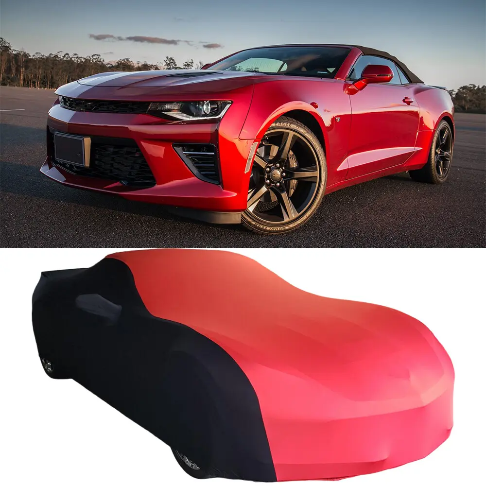 DREAMIZER Universal Indoor Car Cover Stain Stretch Black Red For 2008-2022 Challenger Ultraguard Stretch Satin Indoor Car Cover For Ford Mustang Shelby GT500
