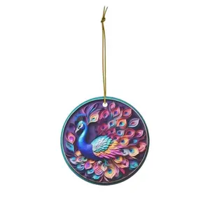Peacock Ceramic Ornament, Christmas Ornament, Circle Shape, Full-Color Imprint, Hanging String Included