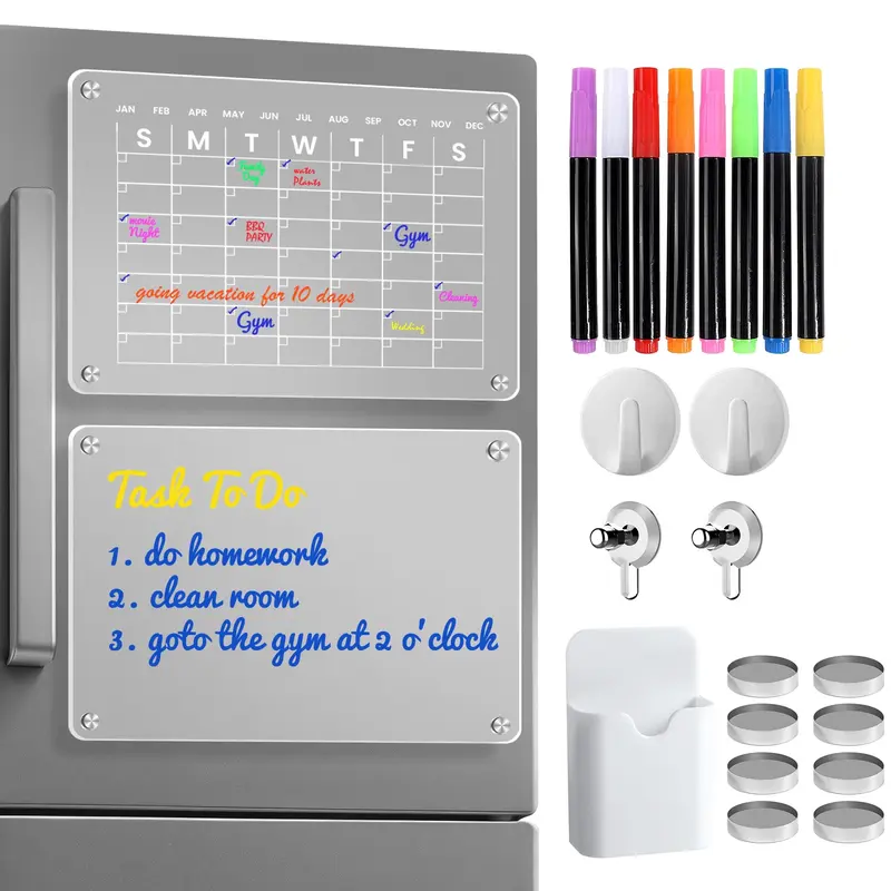 16"x12" Acrylic Magnetic Dry Erase Calendar for Fridge 2 Sets- Clear Monthly Planner Whiteboard, Magnetic Pen Holder, 8 Markers, 2 Nail-Free Stickers