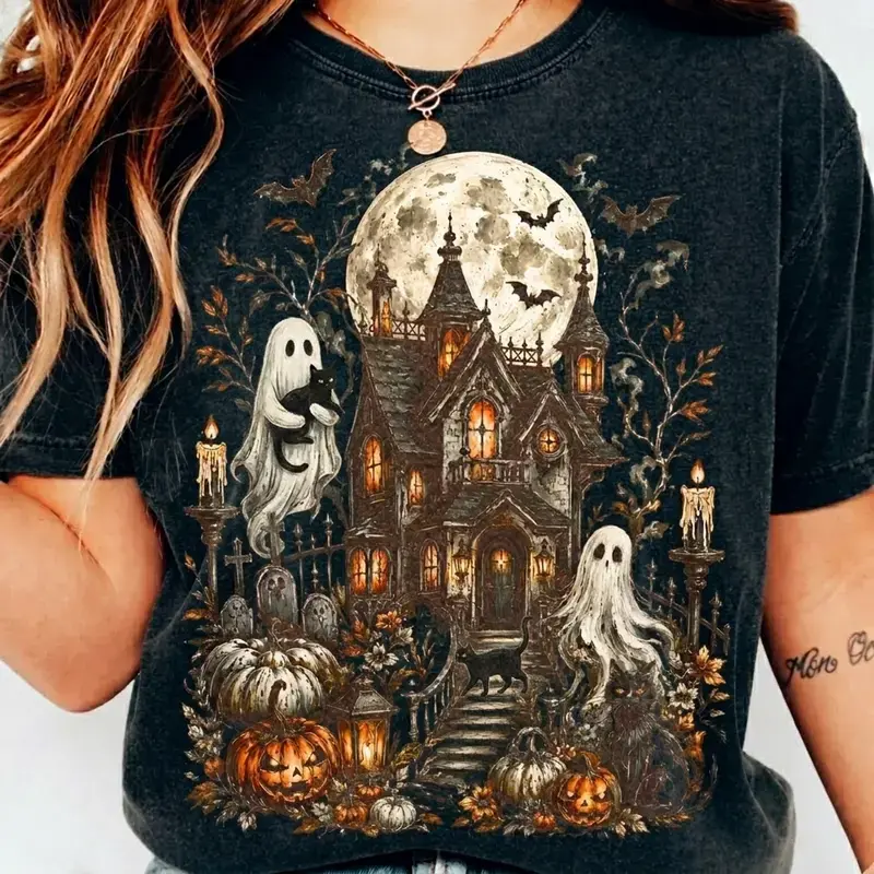 Haunted House Ghost Halloween Comfort Colors Shirt, Spooky Cottage Pumpkin Graphic Tee, Vintage Gothic Fall Gift