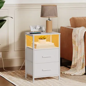 HOOBRO Nightstand with Charging Station, Bedside Table with LED Lights and 2 Fabric Drawers, End Table with 2 AC Outlets and USB Port, Small Night Stand for Bedroom#SpringSale #BigSpringSale