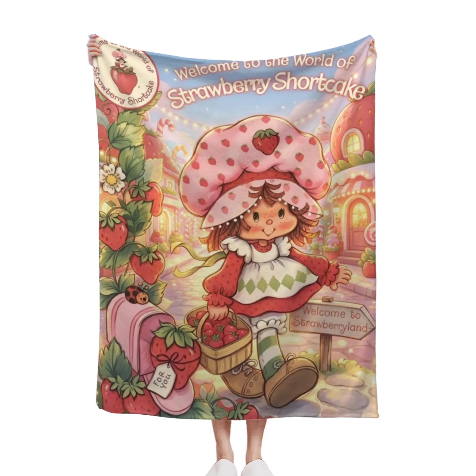 Welcome To Strawberryland Strawberry Shortcake Throw Blanket, Vintage Cartoon Graphic Flannel Blanket, Unisex Cute Y2K Kawaii Blanket, Sweet Strawberry Town Home Decor Gift For Girls 30x40 40x50 50x60 60x80inch