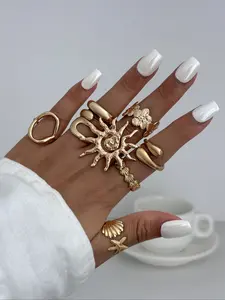 Boho Style Geometric Water Drop Hollow Out Sun Star Shell Design Ring Set, Stackable Rings, Multifunctional Daily Wear, Party, Street Style