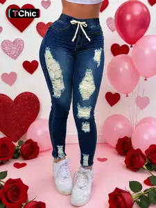 Women's Sexy Fashion Dark Wash Denim Skinny Jeans Pants, Elastic Waist Drawstring, Slimming Hip Lifting, Comfortable Stretch Fabric, Casual Spring & Fall Style
