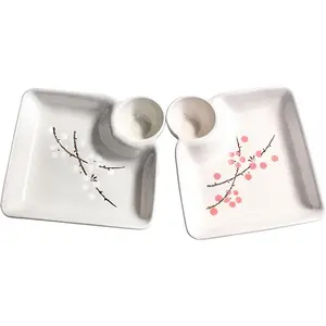 Sushi Plates Set of 2, Ceramic 7 Inch Dumpling Snack Plates with Vinegar Dish
