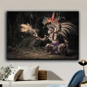 [Aztec Empire Warrior Poster] Modern High Definition Aztec Empire Warrior Poster - 1 PC Mural Wooden Framed Native Mexican Canvas Painting, Unique Home Decoration, Ready-to-Hang Holiday Gift Wall Art