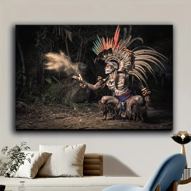 Aztec Empire Warrior Motif Poster, 1-Piece Wooden Framed Canvas Print, 12×18inch(30×45cm) Modern HD Native Mexican Wall Art, Ready-Hung Home Decoration, Display-Worthy Holiday Gift