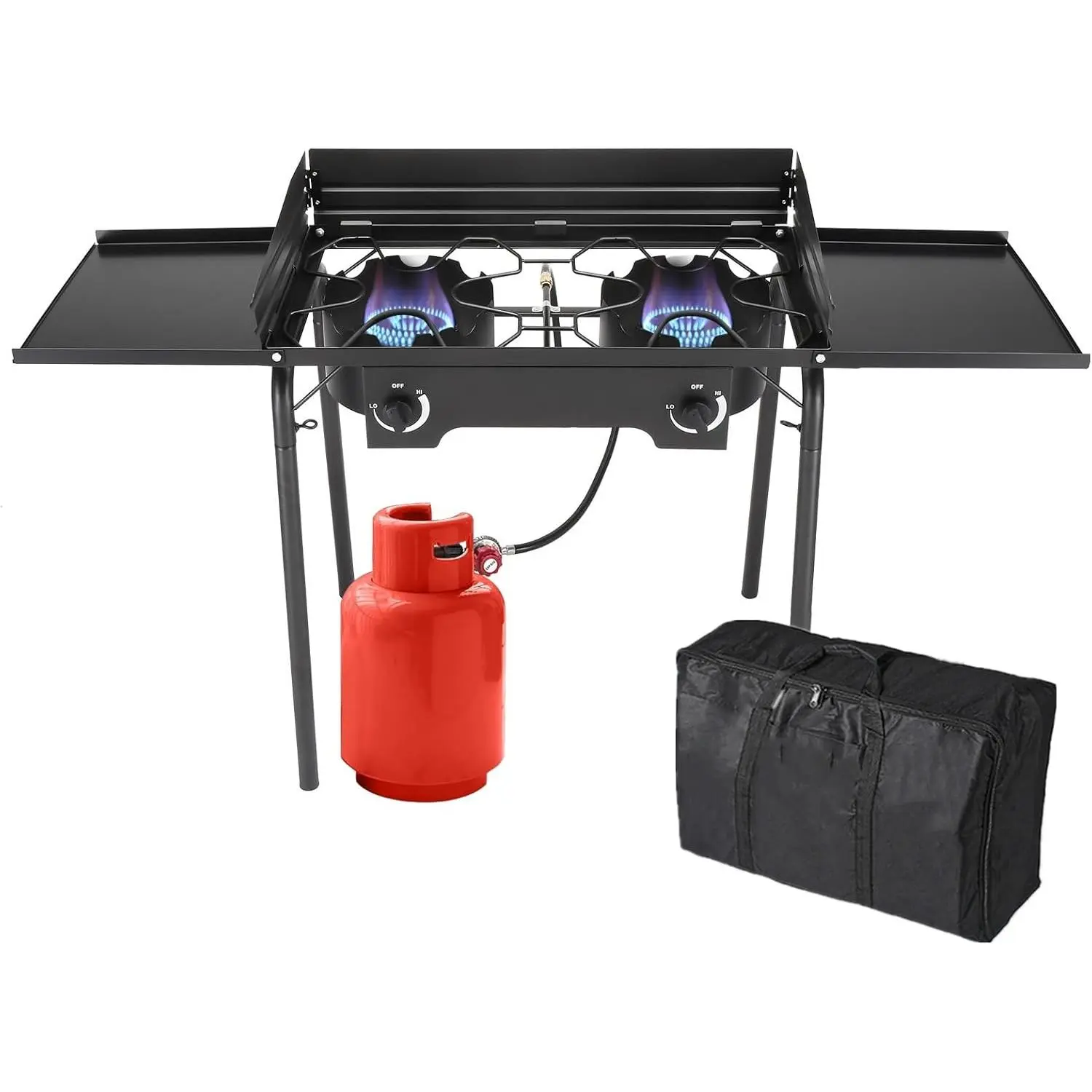 2-Burner 150,000 BTU Propane Gas Stove - Cast Iron Portable Camp Cooker, Adjustable Height, Foldable Side Shelves, Regulator & Bag for Camping, Outdoor Cooking, Tailgating, Backyard BBQs (Portable Kitchen)