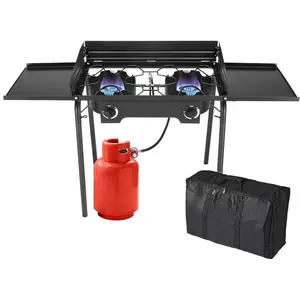 2 Burners Propane Gas Stove, 150,000 BTU Portable Outdoor Camp Cooker Stove with Regulator, Side Shelves, Foldable Windpanel, Adjustable Height & Carrying Bag for Backyard, Camping, Tailgating