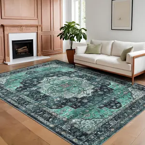 【GARVEE】Machine Washable Area Rugs 5x7 Vintage Floor Carpet with Non-Slip Backing, Stain-Resistant Oriental Soft Low Pile Carpet, Distressed Accent Carpet for Laundry, Bedroom, Office, Green