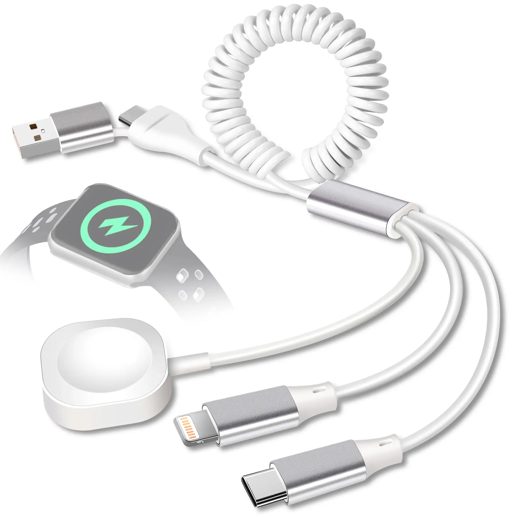 Cugunu 3-in-2 Retractable Charging Cord for iWatch iPhone & iPad - USB/Type-C to Lightning Multi Charger Cable - 6 Feet Length - MFi Certified & CarPl