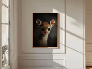 Rudolph Painting Reindeer Cute Print, Whimsical Deer Christmas, Red Nose Christmas Wall Art, Moody Vintage Reindeer Poster, Xmas Poster