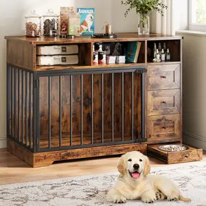 48'' Dog Crate Furniture, Heavy Duty Medium Dog Crate with Bowl & Storage Drawers, Crates for Dogs Indoor End Table for Small Medium, Retro Brown wooden house modern kennel