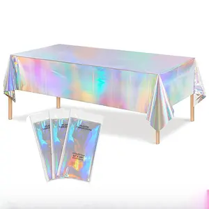 Disposable Laser Metallic Tablecloth – Rainbow Holographic Plastic Table Cover for Birthday & Christmas Party Decor, Glitter Iridescent Party Supplies