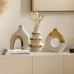 3-Piece Ceramic Art Wind-Resistant Gold Plated Irregular Vase Set, Home Decorative Vase, Home Living Room Decor, Desktop Flower Arrangement, Plant Planter