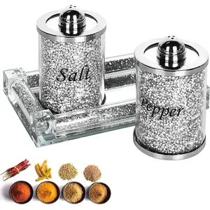 Crystal Salt and Pepper Shakers Set with Tray, Kitchen Canister Utensils Use for Seasoning, Sparkly Crystal Crushed Diamond House Decor for Kitchen, Bling Salt Pepper Jar Container Pot for Countertop
