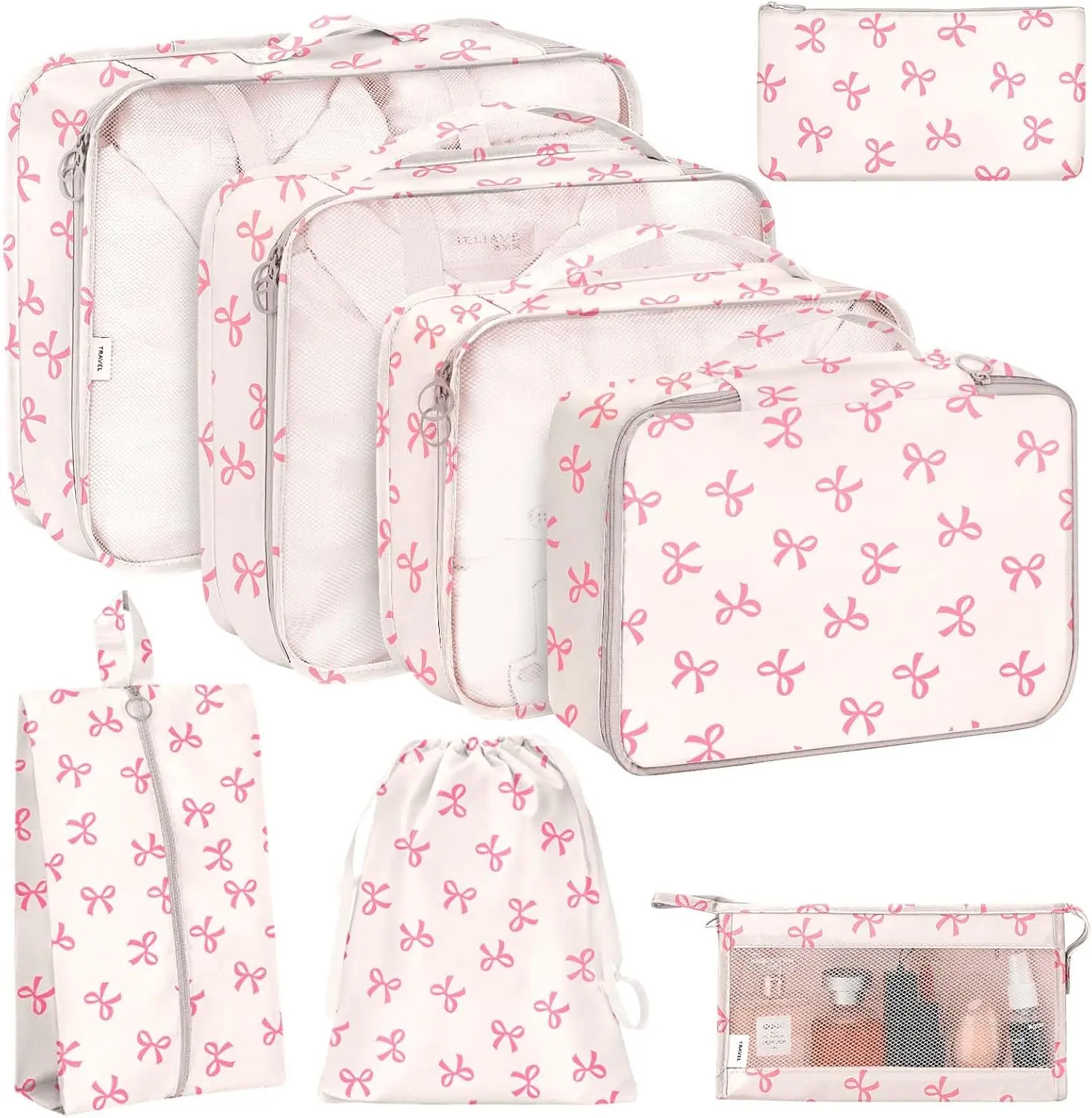 8 Set Packing Cubes for Travel, Luggage Packing Organizers Accessories Large Toiletries Storage Bag for Clothes Shoes Cosmetics (8Set-Pink Bow)