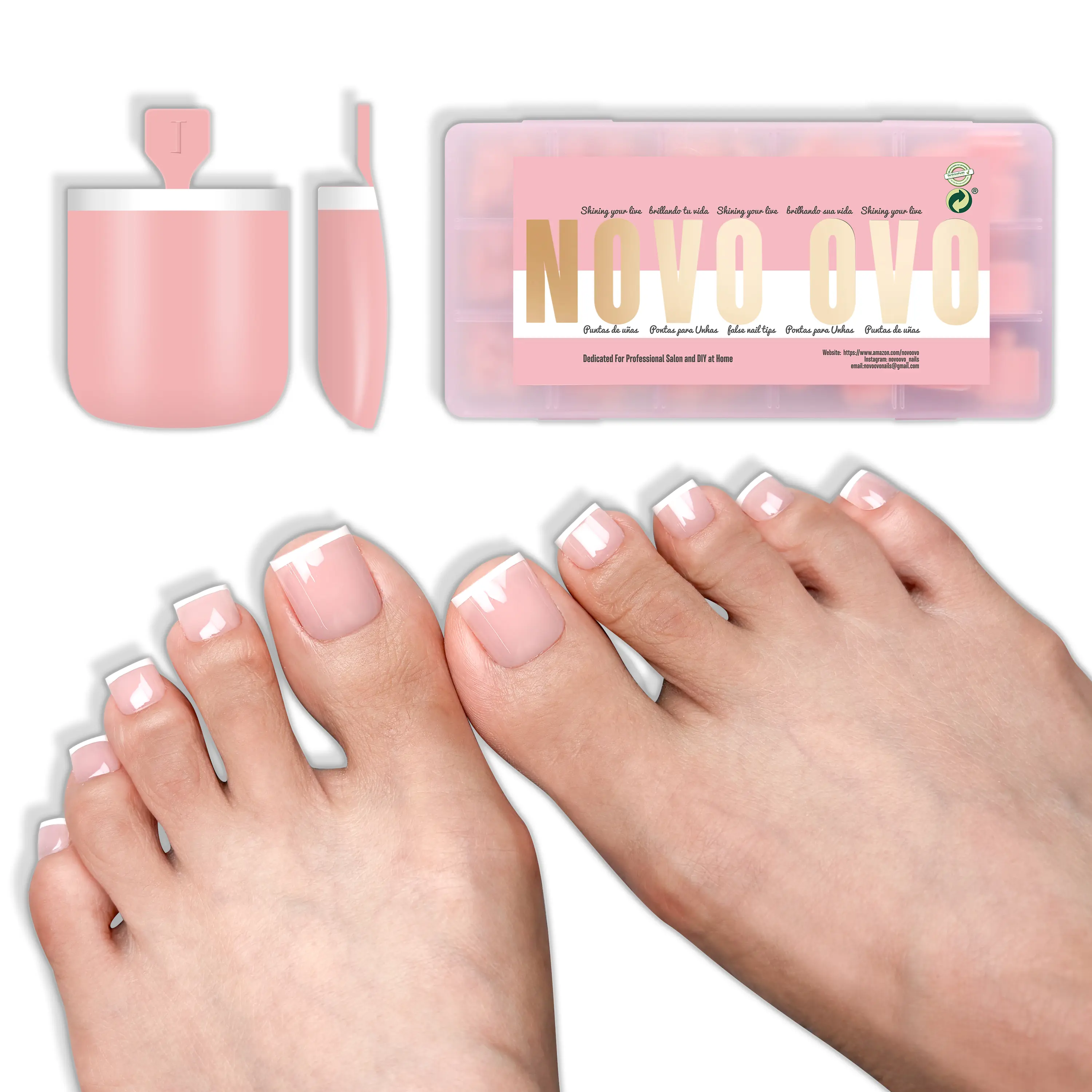NOVO OVO 【No Glue Or UV Light】Press-On Toenails, Soft Gel Base for Gel Nails at Home - French Pink Design, Various sizes Pack, Toe Nail Tips, Full Coverage,  Press-On Set, 15 Specific Sizes, Square Tips, Manicure At Home, Bend-Resistant, Lazy Nail Method
