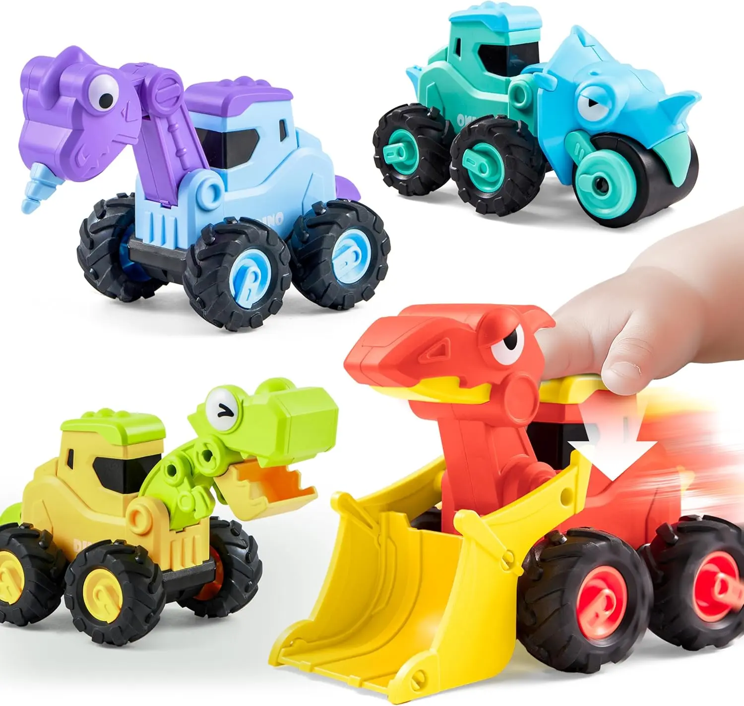 2025 Toys for Kids Baby Car Toy for 1 2 3 Years Old Boys Girls, Dinosaur Truck Toys for Toddlers, Transforming Robot Toys for Toddlers, 4 Pack Construction Vehicles Set, Dinosaur Racing Car Toys, Press & Go