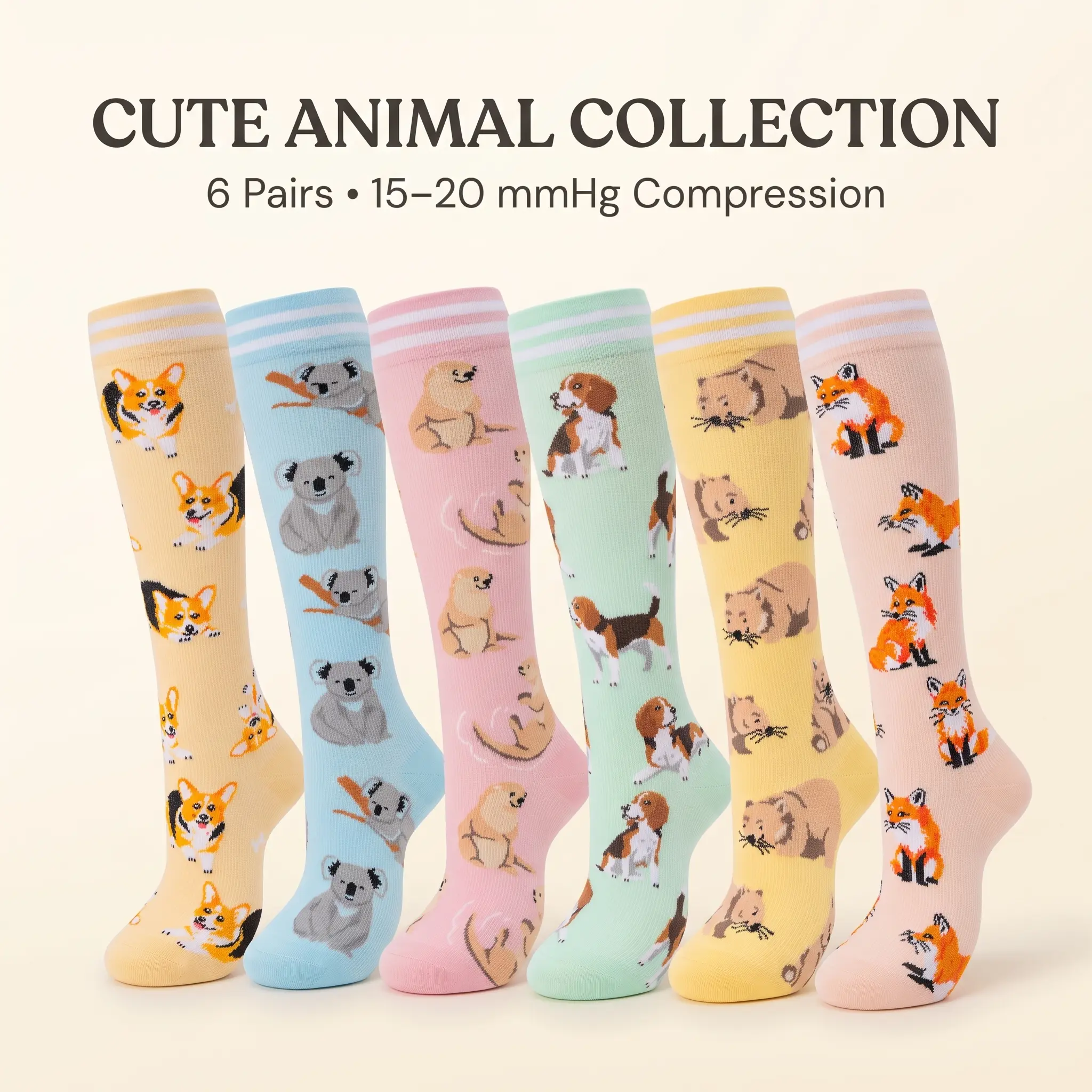 Fenglaoda Compression Socks Knee High - 6 Pairs 15-20mmHg Animal Print, Gentle Graduated Support, Cool-Dry Elastic Knit, Seamless Toe for Running Travel Nurse Work-to-Gym All-Day Wear Adults Knee Length Elastic Socks