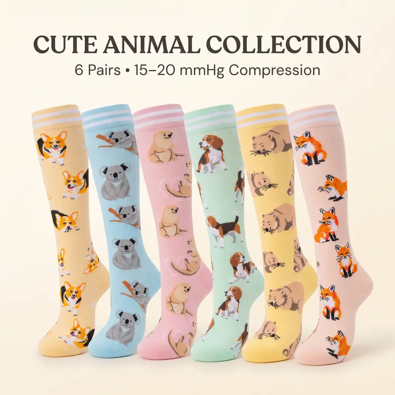 Fenglaoda Compression Socks Knee High - 6 Pairs 15-20mmHg Animal Print, Gentle Graduated Support, Cool-Dry Elastic Knit, Seamless Toe for Running Travel Nurse Work-to-Gym All-Day Wear Adults Knee Length Elastic Socks