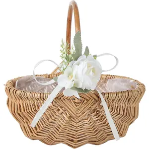 Wnvivi Flower Girl Basket with Handle,Hand-Woven Picking Basket Eggs Storage Basket,Rustic Wedding Petal Wicker Rattan Baskets for Party Event Decor(White) Wnvivi