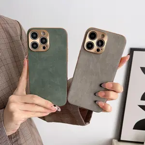 Green Lambskin Leather Phone Case for iPhone 17 16 Pro Max Plus Premium Protective Shockproof Electroplated Frame Cartoon Protector Shell Cover