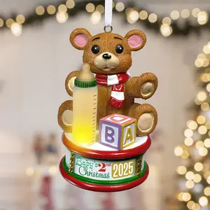 Baby Second Christmas Teddy Bear Tree Keepsake Ornament 2025 with Flickering Light and Bottle Feature for Baby's Special Holiday Decor