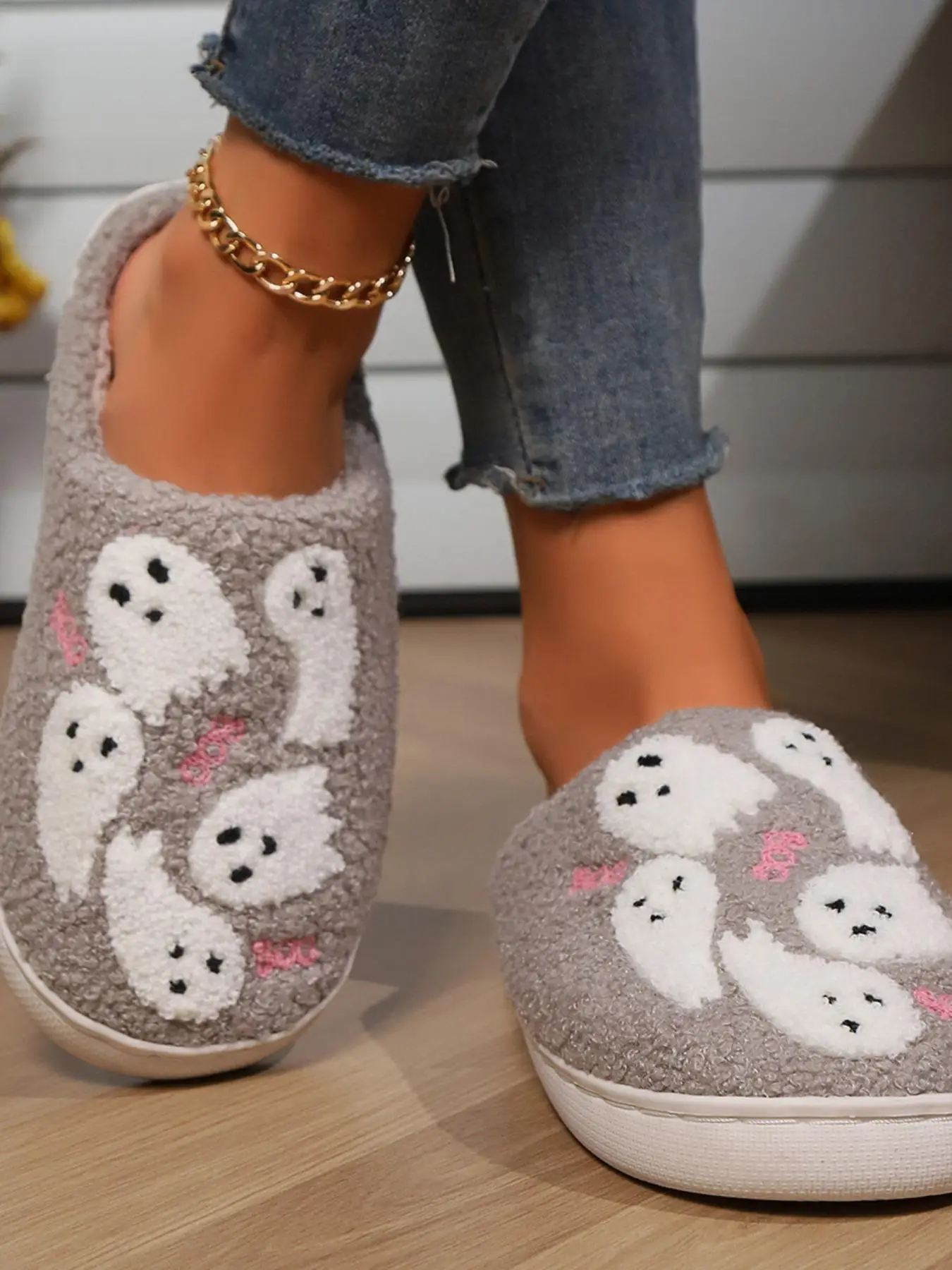 Women's Ghost Pattern Fluffy Slippers for Gift, Thick Sole Plush House Slippers for Women, Casual Soft Comfortable Home Slippers, Warm Shoe for Indoor