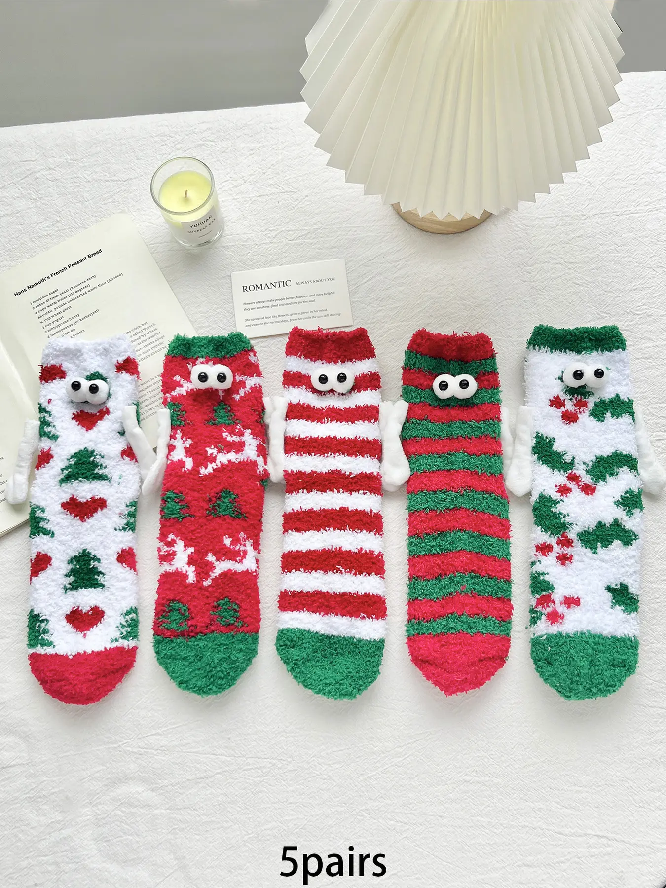 5 Pairs Christmas Fuzzy Hand-Held Socks with 3D Eyes and Magnetic Watch Design - Comfortable, Breathable, and Warm Coral Fleece Socks for Festive and Party Wear