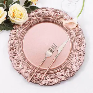 6-Pack 14" Round Rose Gold Artisan Engraved Baroque Rim Acrylic Charger Plates - Vintage Disposable Kitchen Tableware Decorative Chargers, Artisan Engraved Plates