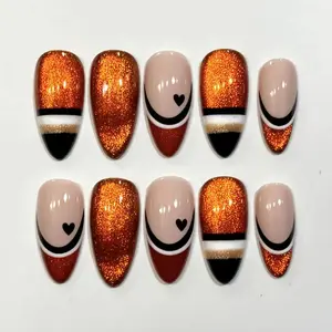 Hockey Press On False Nails - Orange Glitter, Jersey Number Design, Sports Team Spirit Accessories for Hockey Fans