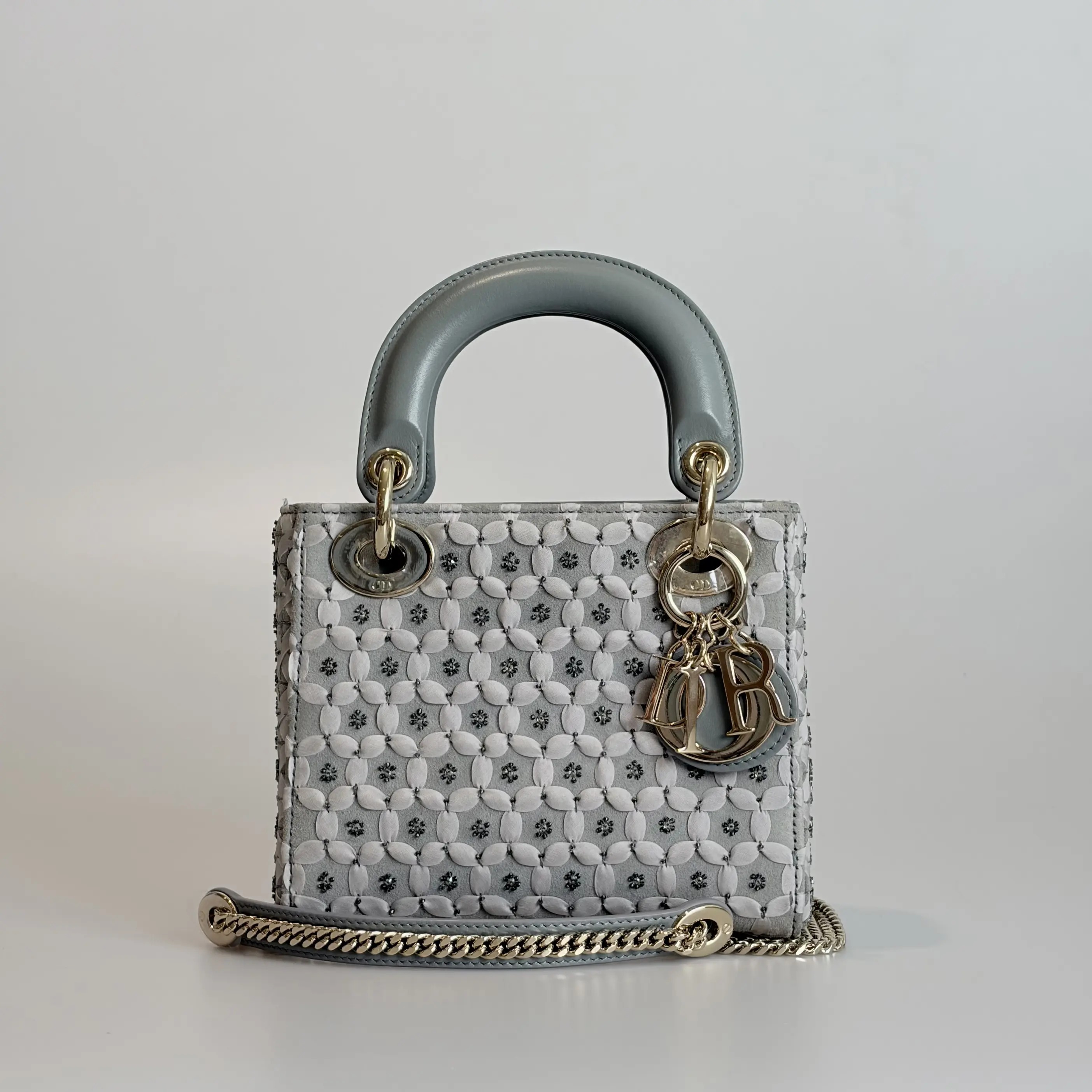 Pre-owned Dior Suede & Calfskin Shoulder Bag Lady Mini Sage Green Ribbon Beaded Embroidery Gold tone Clasp 33146126 Sold As Is / Final Sale