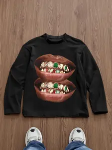 Men's Slim-Fit Long Sleeve T-Shirt, Casual Fashion Streetwear, Graphic Print Tee, All-Season Wear, Street Style, Fun Lip Gem Design, Unisex