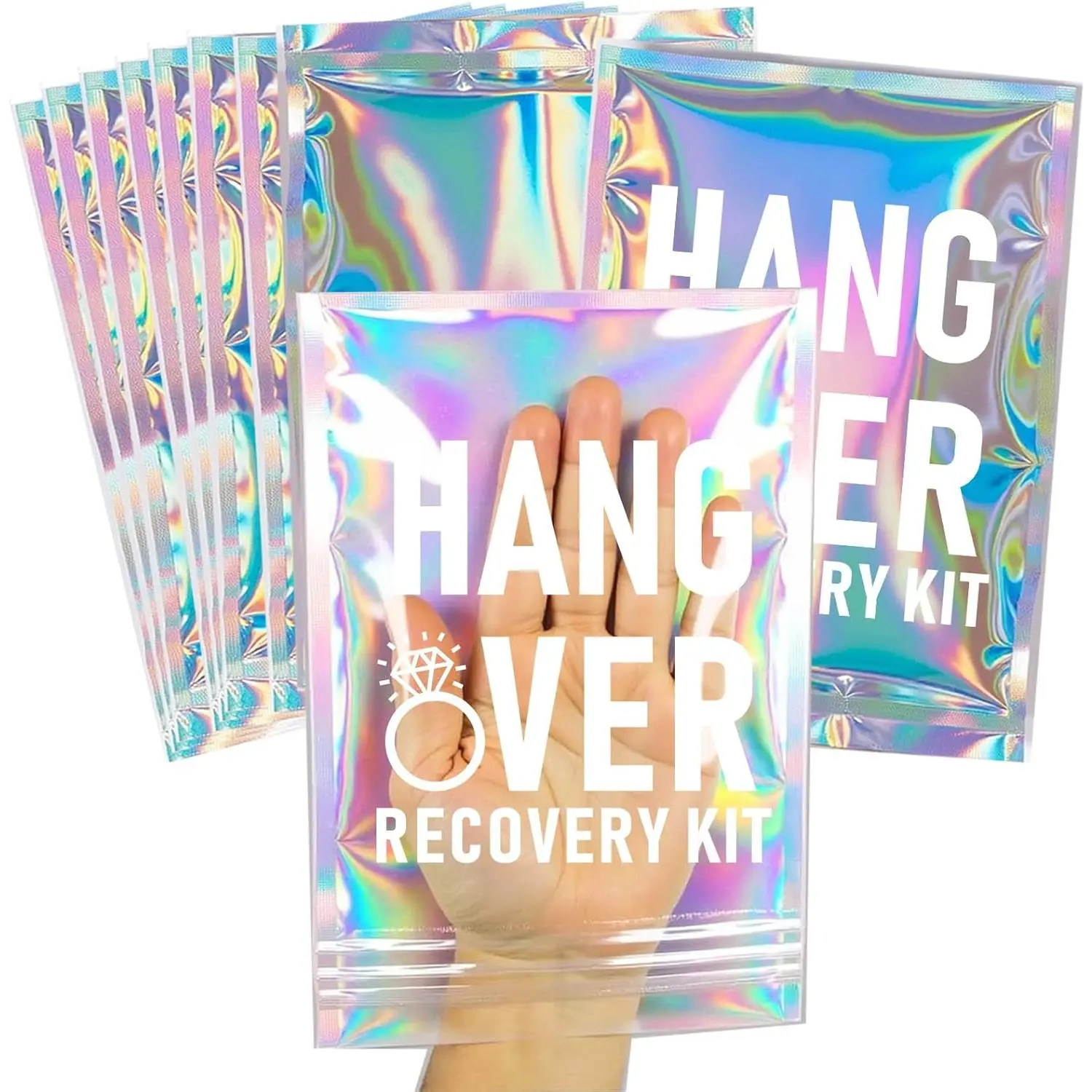 10 count Hangover  Kit Bags--Pre-Printed Holographic Resealable Bags(Without Self-Care Kits),Ideal for Bachelorette Party Favors and Birthday Hangover Kits(5" x 7")